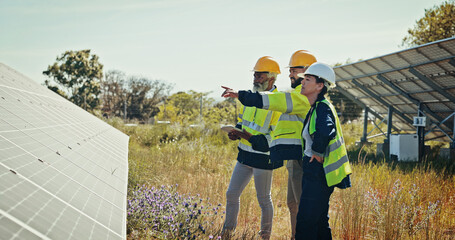 Business people, team and pointing with solar panel for photovoltaic, PV installation or renewable...