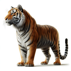 Fototapeta premium Tiger isolated on a white background, Side view, tiger standing full HD image generated by Ai. full body, realistic, full detail looking at the camera.