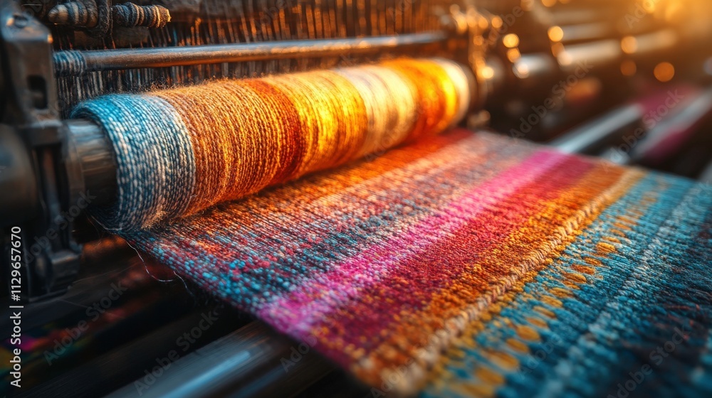 Poster vibrant textile production with colorful yarn on loom showing the intricate weaving process in soft 