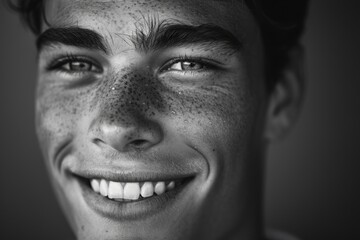 Close up of young confident and happy man  low key  black and white