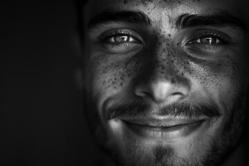 Close up of young confident and happy man  low key  black and white