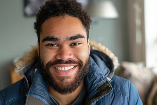 Close up portrait of bearded biracial smiling young man wearing jacket in living room  copy space