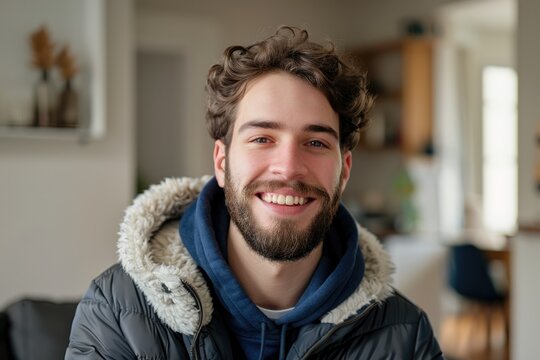 Close up portrait of bearded biracial smiling young man wearing jacket in living room  copy space - Powered by Adobe