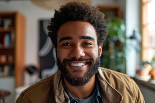Close up portrait of bearded biracial smiling young man wearing jacket in living room copy space