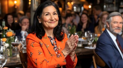 Sophisticated older woman smiling and clapping at an elegant dinner event with a cheering audience and warm ambiance