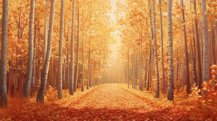 Fototapeta premium Autumn Forest Path, vibrant golden and red leaves adorn a serene path, warm sunlight filters through tall trees, creating a tranquil atmosphere in nature's embrace