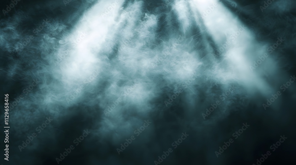 Wall mural misty atmospheric scene with thick layers of swirling fog and gentle beams of light shining through 