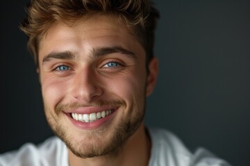 Obraz premium Smiling young Caucasian man in horizontal portrait with copy space.