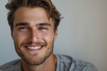 Obraz premium Smiling young Caucasian man in horizontal portrait with copy space.