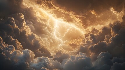 Glowing stormy clouds with lightning bolts and golden light breaking through a dramatic dark sky