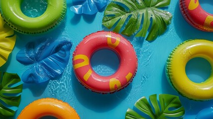 Top view of colorful inflatable ring toy in swimming pool water from above, Generative Ai.