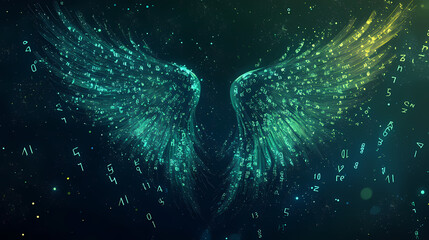 Angelic numerology template - pair of angel wings with numbers flowing from top to bottom on a dark green and dark blue background ideal for a numerologist theme. Serendipity. Illustration