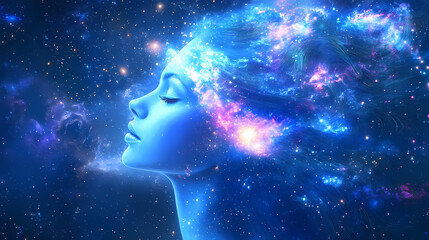 Obraz premium Celestial serendipity side profile composition, blue hues, starry hair, digital painting, fantasy, dreamlike. keywords digital art, fantasy art. Serendipity. Illustration