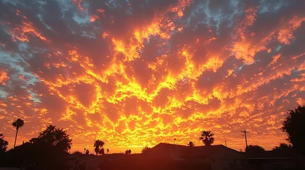 Gardinen Sunset sky filled with clouds shaped like religious symbols casting a warm golden light over a peaceful serene landscape of nature © aanupapan
