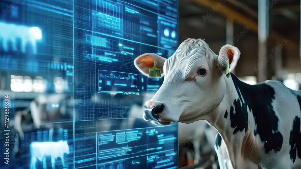 Poster a cow observes a futuristic holographic screen displaying data in a modern farm setting. ideal for a