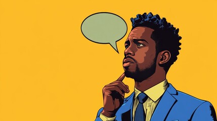 Concerned African American man in blue suit against yellow background frowns and thinks. Speech bubble above his head. Pop art style vector illustration.