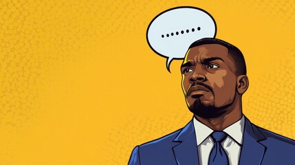 Concerned African American man in blue suit against yellow background frowns and thinks. Speech bubble above his head. Pop art style vector illustration.