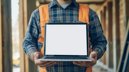 Construction worker holds a laptop with a blank white screen, suitable for advertising a renovation project. The male builder displays the computer with an empty mockup copy space for customization.