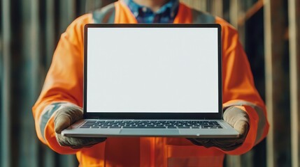 Construction worker holds a laptop with a blank white screen, suitable for advertising a renovation project. The male builder displays the computer with an empty mockup copy space for customization.