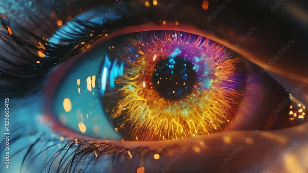 Poster a close-up of an eye with a vibrant, cosmic iris. ideal for science fiction, fantasy, and abstract p