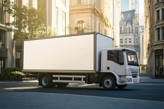 White customizable moving truck driving on a city street at sunset, logistics and delivery concept