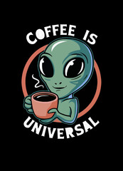 A dark background illustration of a green alien with large black eyes holding a cup of coffee