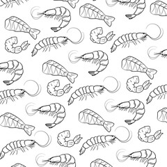 Shrimp or seafood seamless pattern in hand drawn style. Seamless doodle background shrimp seafood pattern
