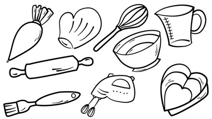 Doodle baking tools, mixer, cake, spoon, cupcake, scale. Doodle sketch style. Bakery elements drawn with digital brush pen. Hand drawn set of baking and cooking tools
