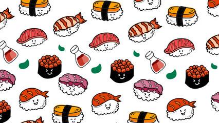 japanese food pattern background, sushi sashimi ramen cute icon seamless pattern. sushi seamless pattern background.

