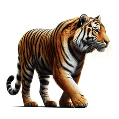 Fototapeta premium Tiger isolated on a white background, Side view, tiger standing full HD image generated by Ai. full body, realistic, full detail looking at the camera.
