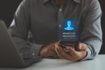 Biometric Security System. Authentication by facial recognition concept. Digital connections, data protection. Businessman scan their face with a mobile smartphone to unlock and access personal data.