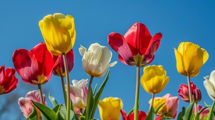 Obraz premium beautiful blooming tulips under blue sky at spring
