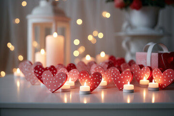 Red paper hearts scattered on a white wooden table, glowing candles and soft fairy lights behind