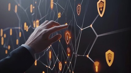 A close-up of a businessman's hand interacting with a digital security interface with glowing icons.