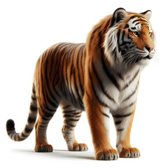 Fototapeta premium Tiger isolated on a white background, Side view, tiger standing full HD image generated by Ai. full body, realistic, full detail looking at the camera.