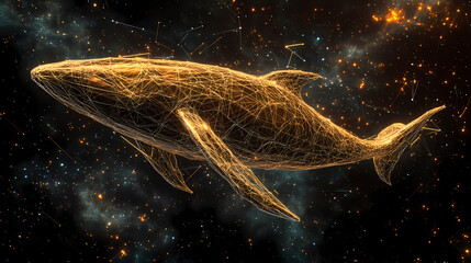 A futuristic whale beautifully crafted from nodes and lines, blending effortlessly into the cosmic night sky, representing creativity and technology woven into nature. Serendipity. Illustration