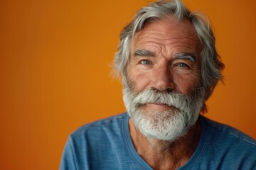 Fototapeta premium Elderly man in blue shirt smiling on orange background