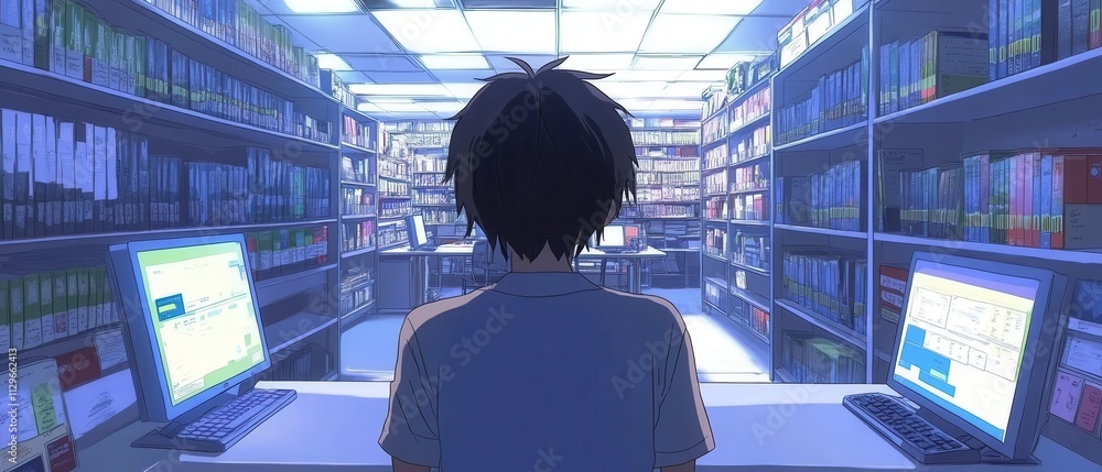 Poster anime boy studying in a library with computers