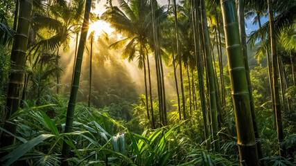 stunning palm grove and bamboo bushes of dominica, sunny day