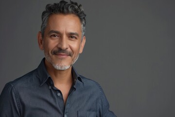 Obraz premium Confident hispanic mature man in shirt looking at camera and smiling