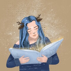 Enchanting Winter Illustration: Fawn Girl with Blue Hair Reading a Magical Book