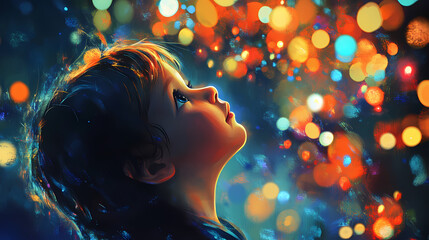 A thoughtful child gazing upwards, illuminated by colorful lights. Serendipity. Illustration