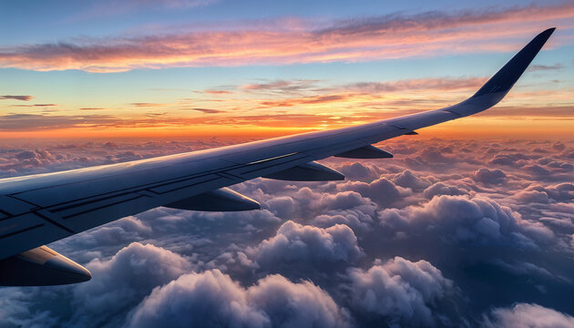 The view from an airplane window during late afternoon, showcasing a serene sunset horizon stretching endlessly. - Powered by Adobe