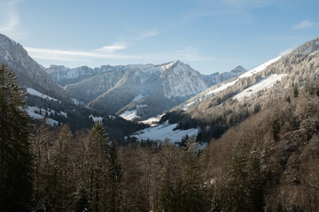 Swiss winter wonderland mountain valley in the snowy alps