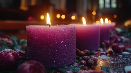 Glittering Purple Candles Lit In Festive Arrangement