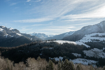 Snow covered landscape in the Swiss Alps in winter