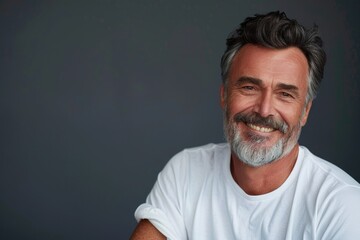 Confident older man in white t shirt promotes grooming products.