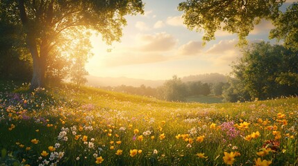 Obraz premium Idyllic sunrise over vibrant wildflowers in a lush meadow.