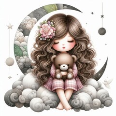 painting watercolor cute girl holding tulip flowers in Moonlit Cloud Scene	
