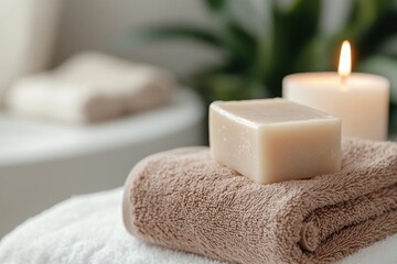 An artistic arrangement of organic soap and soft towels set against a calming backdrop, promoting natural beauty and relaxation in a self-care routine.